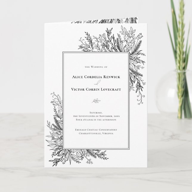 Programme Mariage de verdure blanche et noire pliée (Devant)
