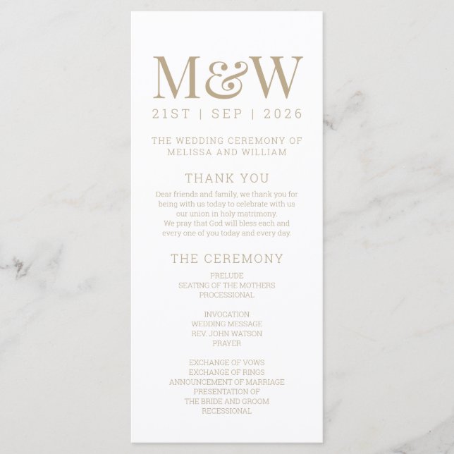 Programme Mariage d'or blanc Monogramme moderne (Devant)