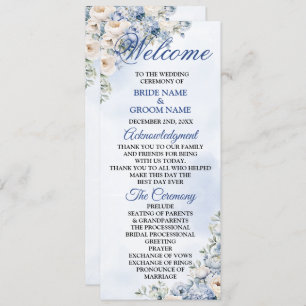 Programme Mariage Dusty Blue Watercolor Fleurs d'ivoire Feui