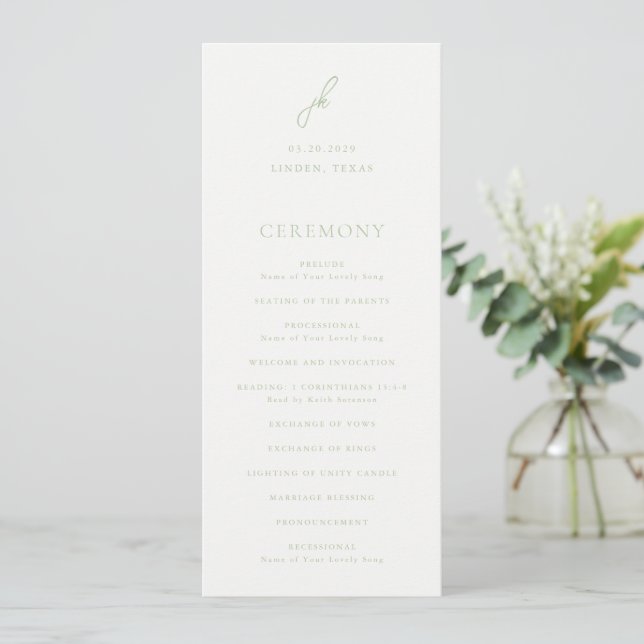 Programme Mariage élégant à monogramme en écriture vert saug (Debout devant)
