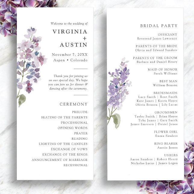 Programme Mariage Élégant au Lilas (Elegant Watercolor Lilac Wedding Program by Painted Paperie
)