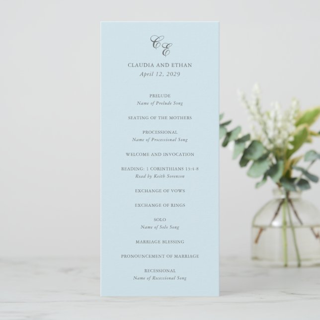 Programme Mariage Élégant Bleu Poudre Monogramme Classique (Debout devant)