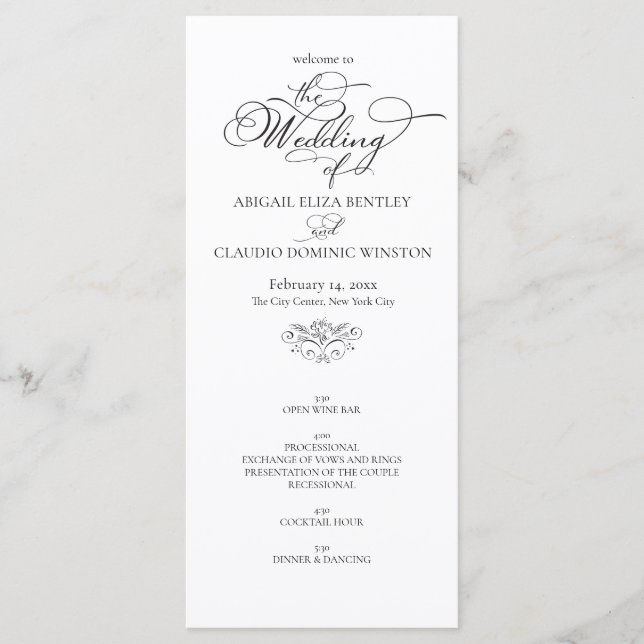 Programme Mariage Élégant Classique Calligraphie Noir & Blan (Devant)