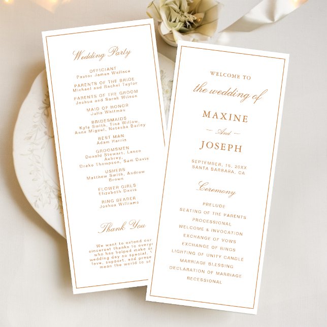 Programme Mariage Élégant Formel Orange Brûlée (Elegant burnt orange wedding programs keep guests informed with warmth and sophistication.)