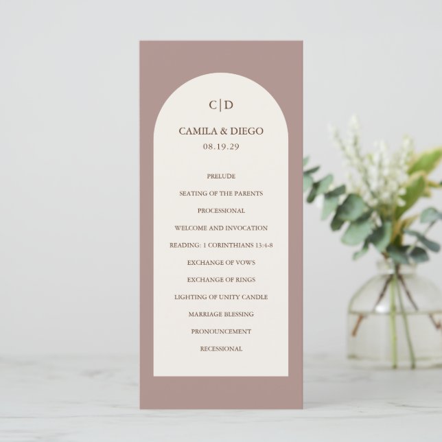 Programme Mariage élégant marron moderne voûté (Debout devant)