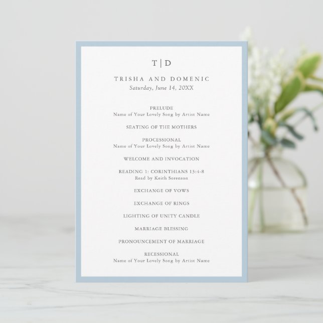 Programme Mariage élégant moderne avec monogramme en poudre  (Debout devant)