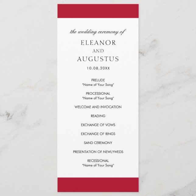 Programme Mariage Élégant Simple Classique Rouge Minimal (Devant)