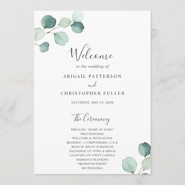Programme Mariage Élégant Simple Sauge Verdure Eucalyptus (Devant)