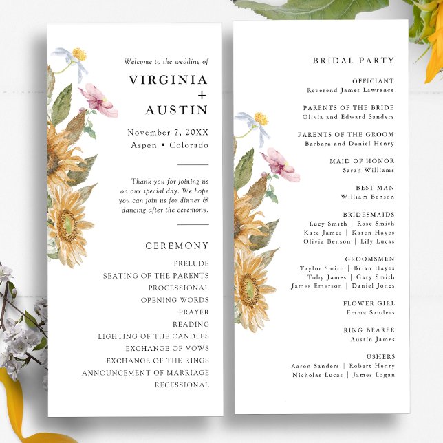 Programme Mariage Élégant Tournesol (Elegant Sunflower Wildflower Watercolor Wedding Program by Painted Paperie)