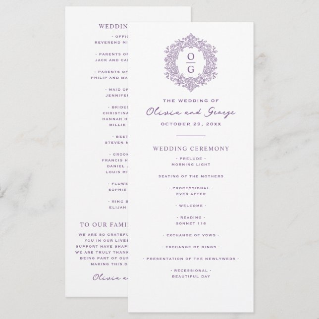 Programme Mariage Élégant Violet Héritage (Devant / Derrière)