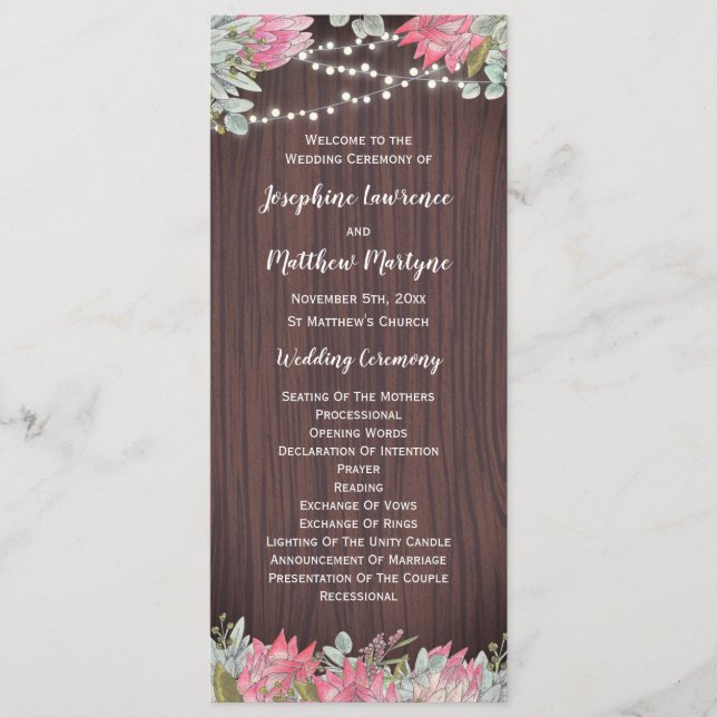 Programme Mariage en bois Protea Eucalyptus Foliage (Devant)