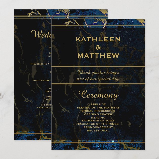 Programme Mariage en marbre bleu marine et (Faux) or (Devant / Derrière)