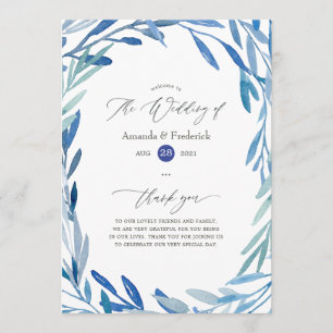 Programme Mariage Feuille Indigo de la marine Watercolor