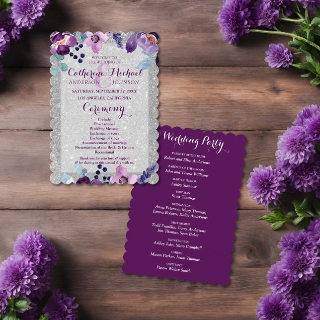 Programme Mariage Fleurie Aquarelle Violette et Paillettes d (Flat lay classic elegant garden bold chic modern feminine violet luxury botanical Wedding Program)