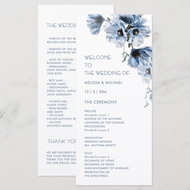 Programme Mariage Fleurs Bleues Artistiques (Devant / Derrière)