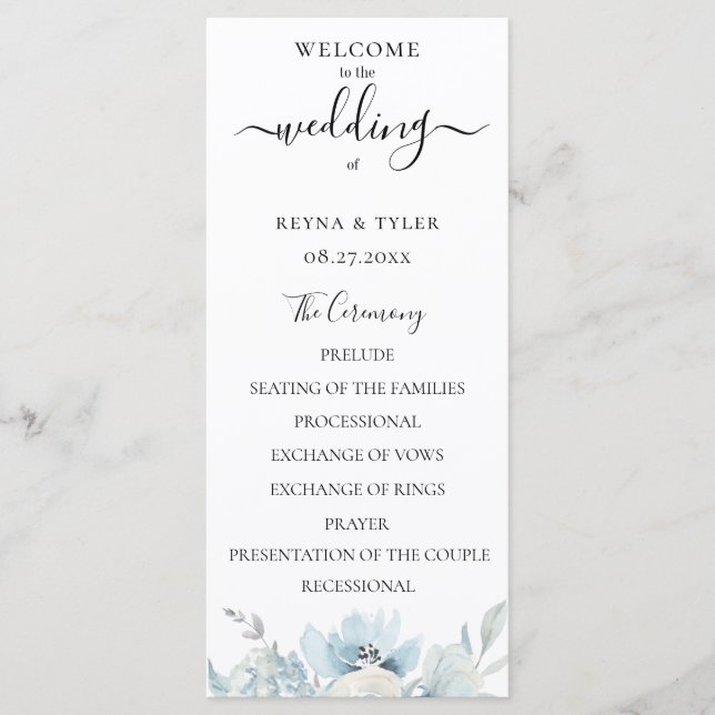 Programme Mariage Floral Aquarelle Bleu Pâle Pastel (Devant)