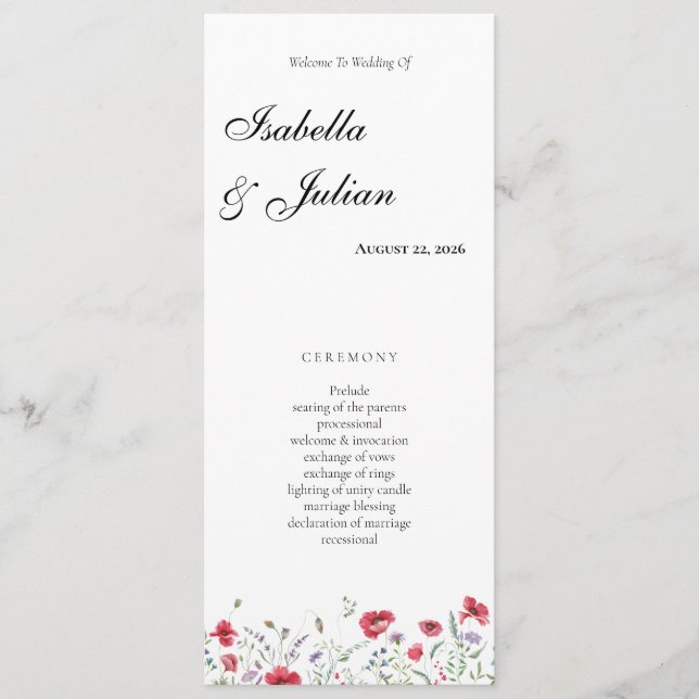 Programme Mariage floral aquarelle pavot et lavande (Devant)