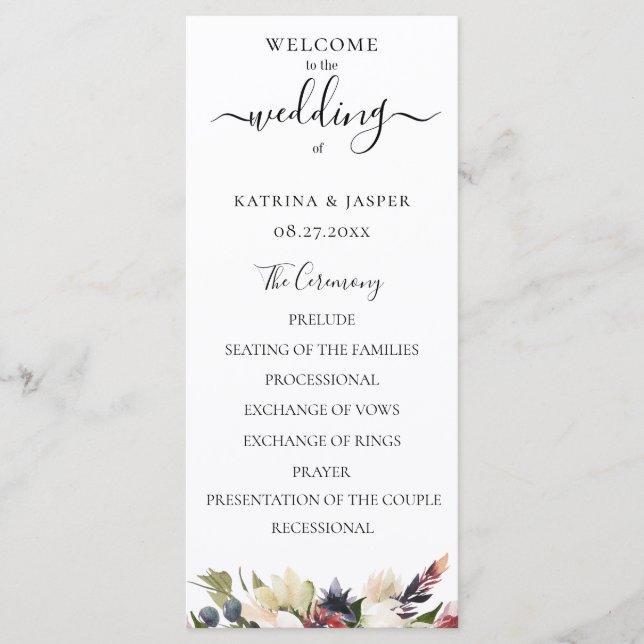 Programme Mariage Floral Aquarelle Rose Foncé (Devant)