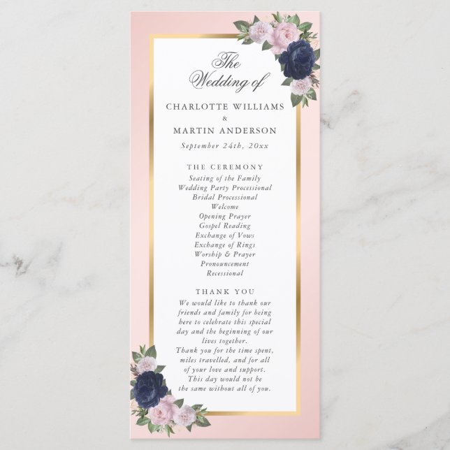 Programme Mariage floral bleu bleu bleu rose marine (Devant)