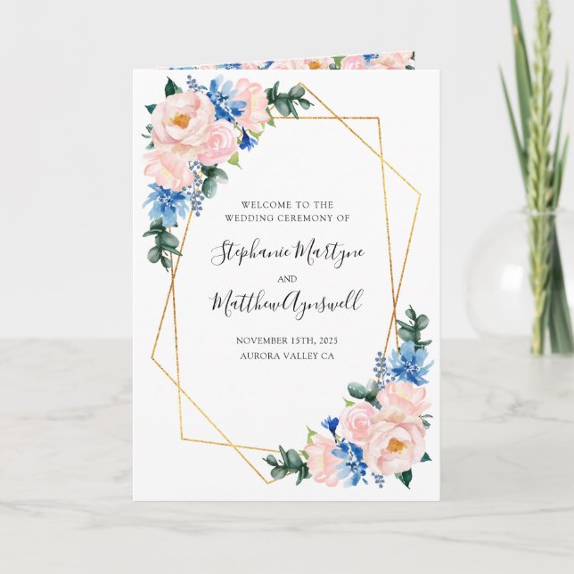 Programme Mariage floral bleu bleu clair géométrique (Devant)