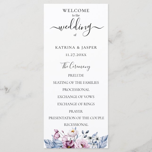 Programme Mariage floral bleu Dusty Mauve (Devant)