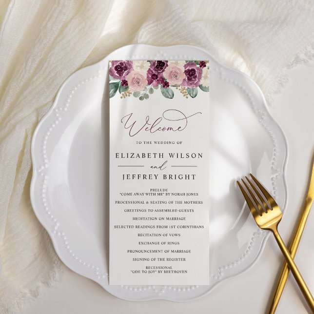 Programme Mariage floral de prune moderne élégante (Elegant Modern Botanical Plum Floral Wedding Program)