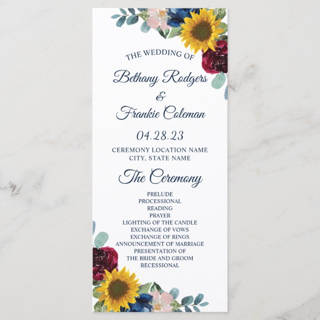 Programme Mariage floral de tournesol botanique rustique (Devant)