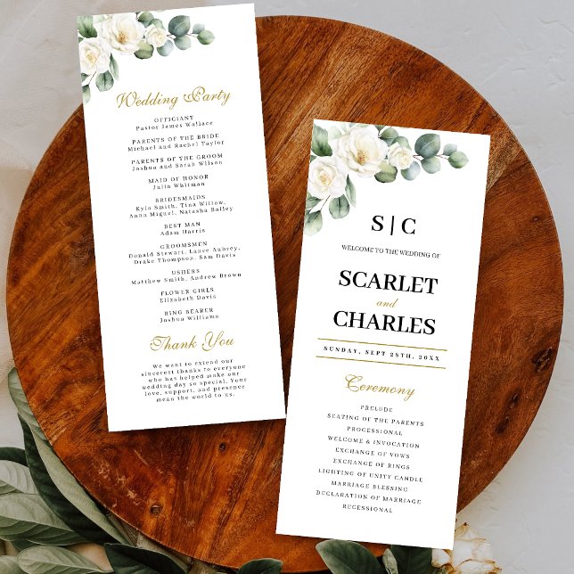 Programme Mariage Floral de Verdure de Rose Blanche d'Eucaly (Eucalyptus white rose wedding program guides guests with timeless botanical elegance.)