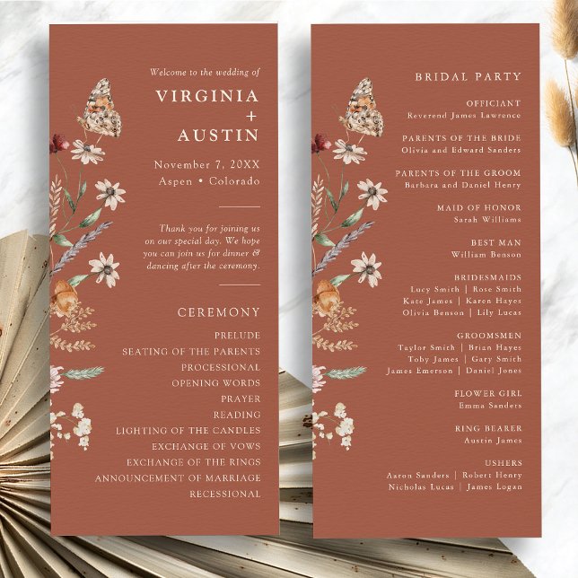 Programme Mariage floral en terre cuite Boho (Terracotta Boho Floral Wedding Program with Butterfly by Painted Paperie
)