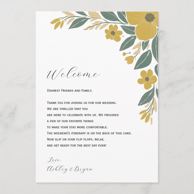 Programme Mariage Floral Jaune Bienvenue Lettre & Itinéraire (Devant)