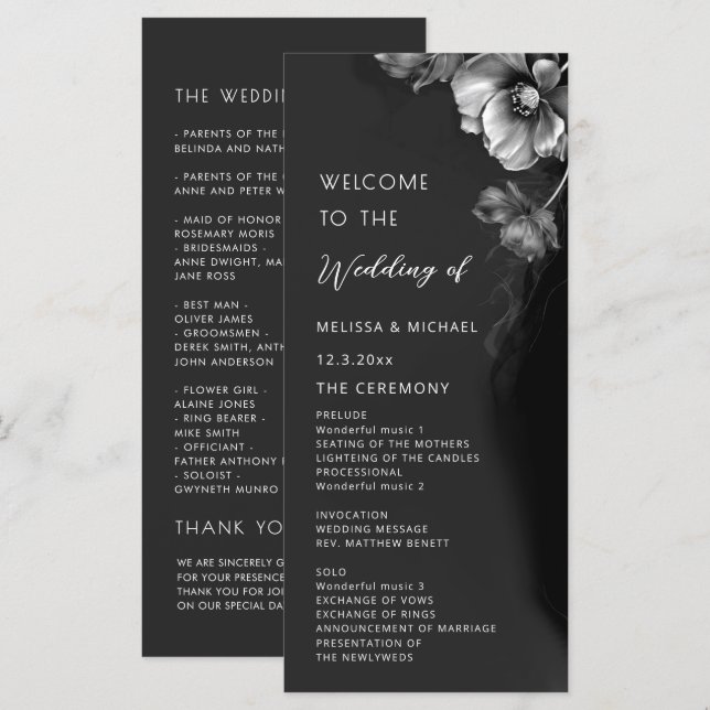 Programme Mariage Floral Noir Argent (Devant / Derrière)