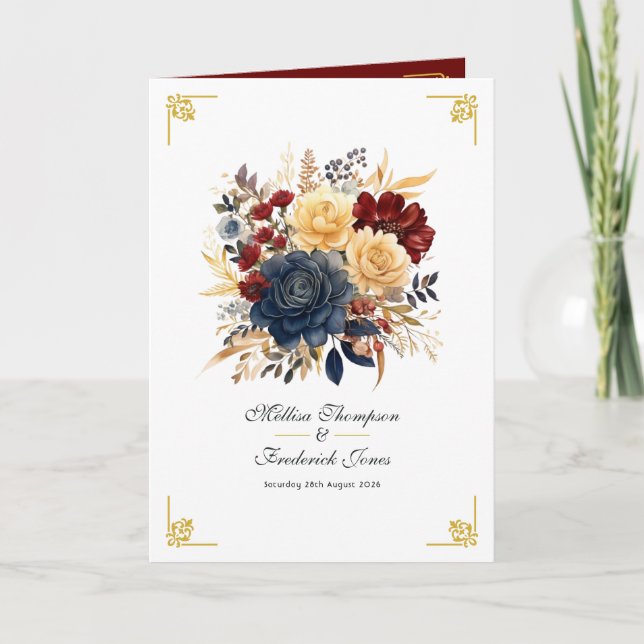 Programme Mariage floral or, bleu marine et bordeaux (Devant)