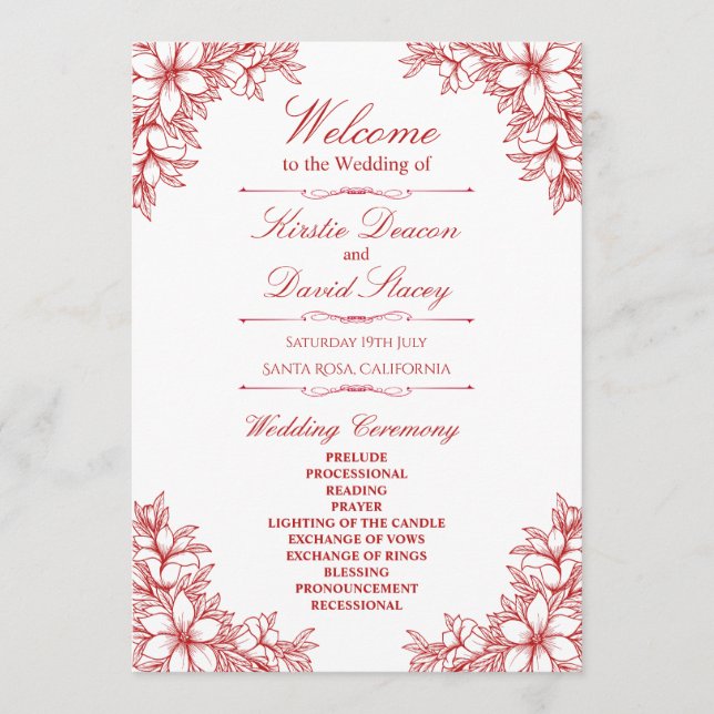 Programme Mariage Floral Orné Rouge (Devant)