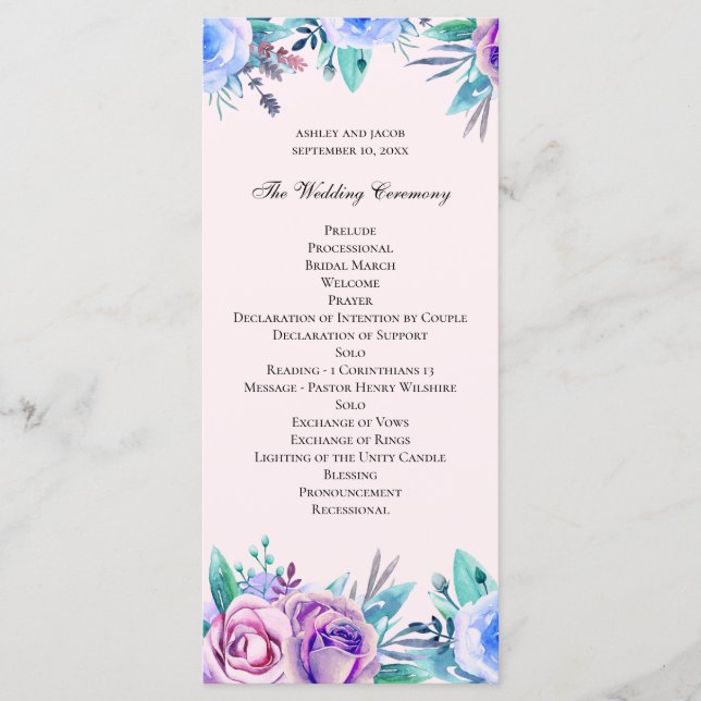 Programme Mariage floral rose et bleu. Fleurs aquarelles (Devant)