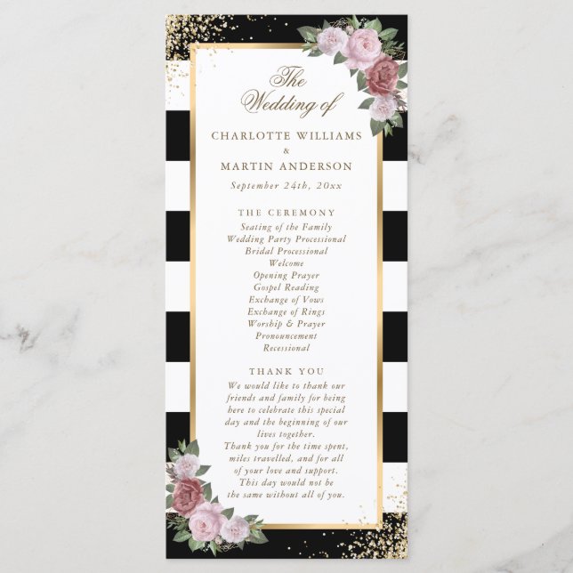 Programme Mariage floral rose noir Confetti en or noir (Devant)