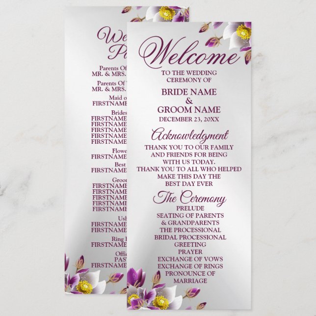 Programme Mariage Floral Rose violet argenté Elégant (Devant / Derrière)