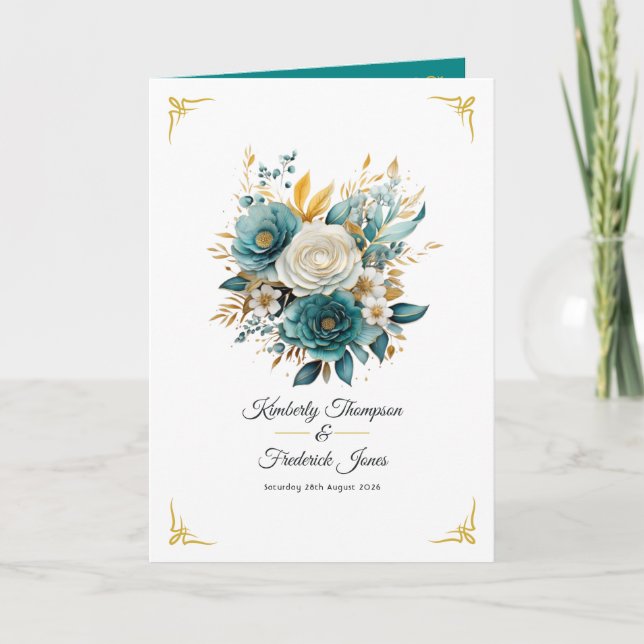 Programme Mariage floral sarcelle et or (Devant)