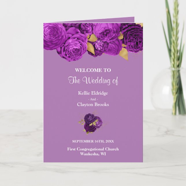 Programme Mariage Floral Violet Et Or (Devant)