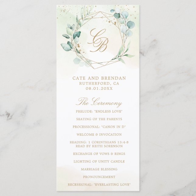 Programme Mariage géométrique doré à la verdure d'eucalyptus (Devant)