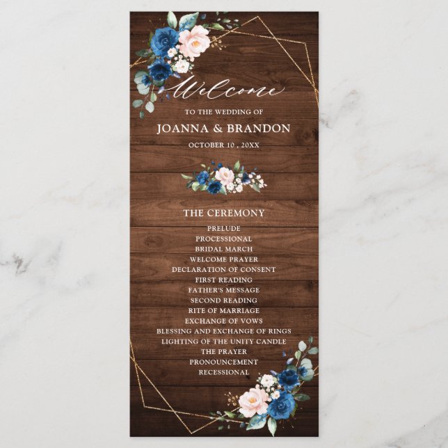 Programme Mariage géométrique en bois rustique bleu marine (Devant)