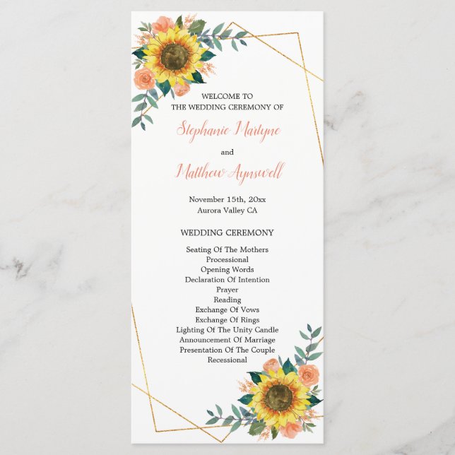 Programme Mariage géométrique floral du corail du tournesol (Devant)