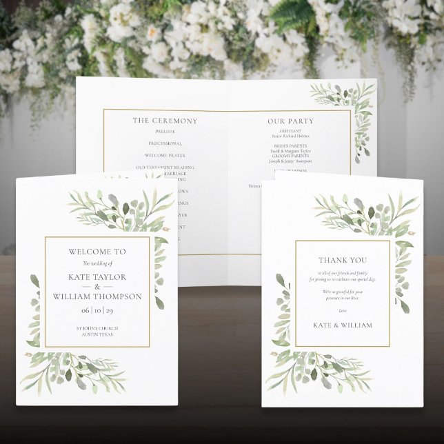 Programme Mariage géométrique vert Foliage Or (Greenery Foliage Gold Geometric Wedding Program)