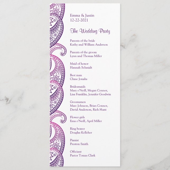 Programme Mariage indien traditionnel violet et rose (Devant)