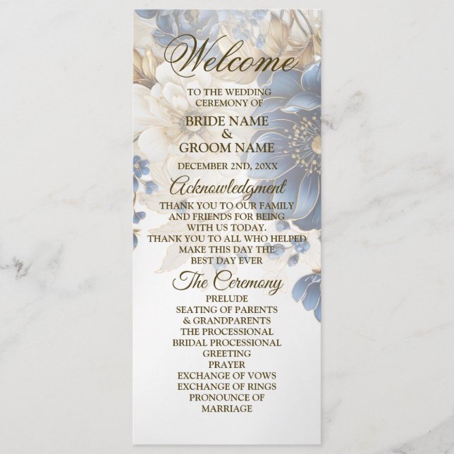 Programme Mariage Marine Bleu Blanc Or Floral Argent (Devant)