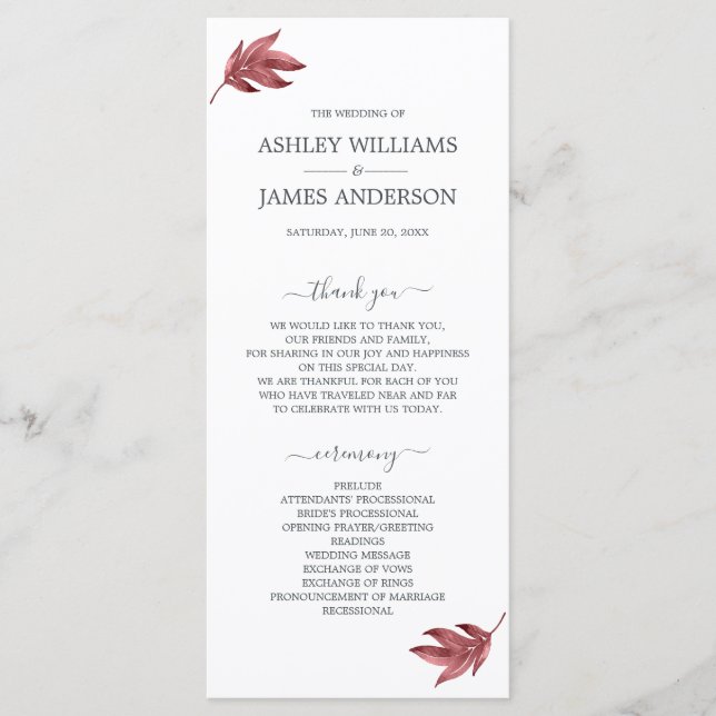 Programme Mariage minimal pour feuille de bordeaux chic Scri (Devant)