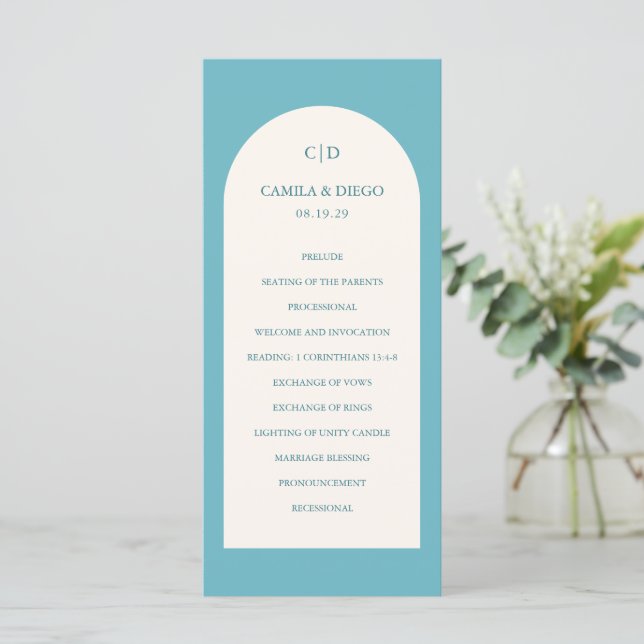 Programme Mariage Moderne Élégant Aqua Sarcelle Voûte (Debout devant)