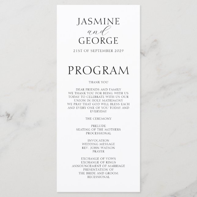 Programme Mariage Moderne Élégant Script Noir & Blanc (Devant)