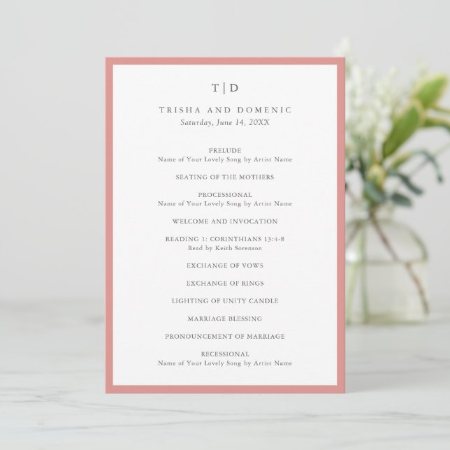 Programme Mariage Moderne Monogramme Rose Corail Élégant (Debout devant)