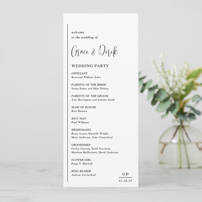 Programme Mariage moderne noir et blanc de Grace (Debout devant)