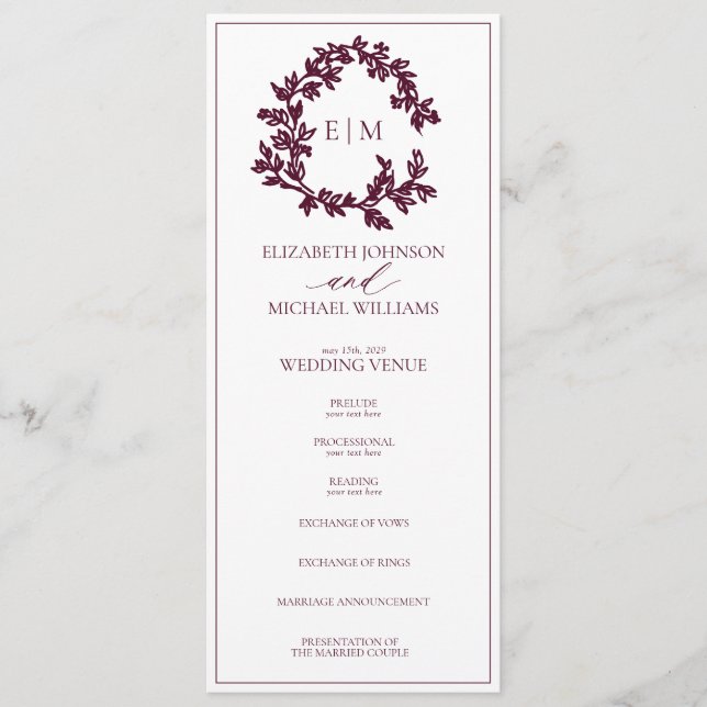 Programme Mariage Monogramme de cime feutrée de Bourgogne mo (Devant)